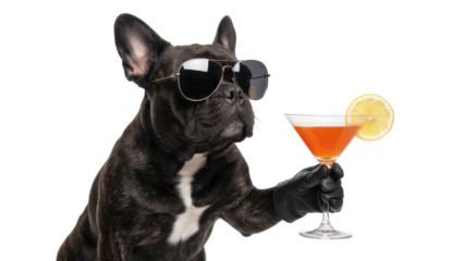 Cool French Bulldog wearing sunglasses holding an orange cocktail with lemon on white background