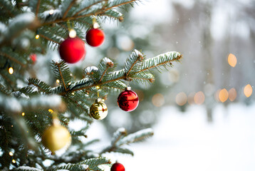 Christmas toys hanging on a snowy fir branch