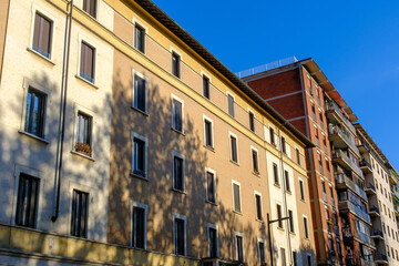 Old residential buildings along corso Sempione in Milan, Italy