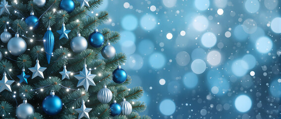 Christmas toys hanging on a snowy fir branch on a bokeh background