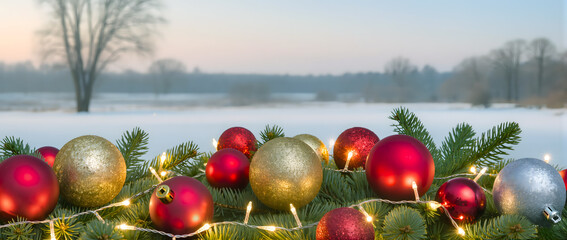 Christmas toys hanging on a snowy fir branch on a bokeh background