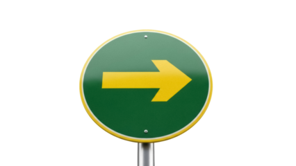 Green and yellow right arrow road sign PNG isolated on transparent background, direction indicator for traffic and navigation