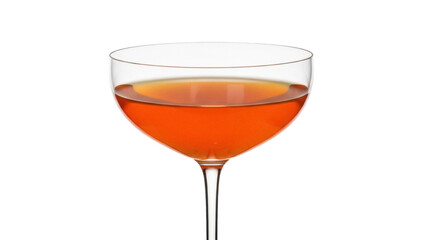 Elegant coupe glass with amber liquid isolated PNG, vintage cocktail glassware on transparent background for bar and restaurant design