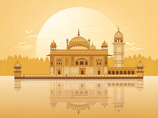 Golden Temple minimal vector art, reflective shapes, soft golden gradient background