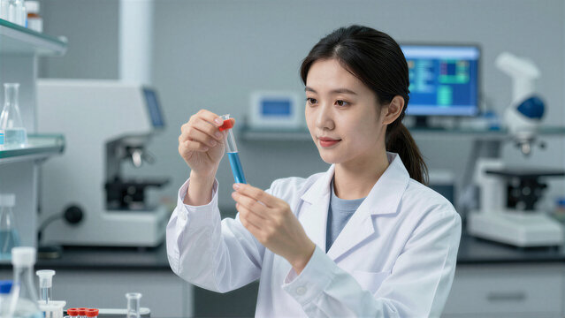 An Asian female scientist in a white lab coat holds and observes a test tube with blue liquid in a laboratory, surrounded by various equipment - Powered by Adobe
