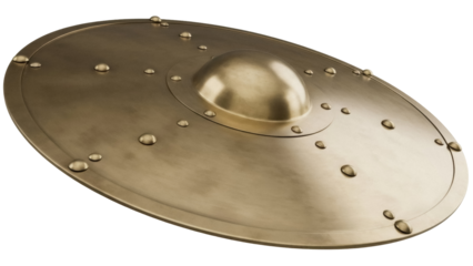 Bronze Viking shield isolated PNG, medieval warrior defense equipment with rivets on transparent background for historical reenactment