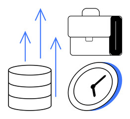 Business management, productivity improvement, data analysis, workflow optimization, time management, performance tracking. Stack of data, briefcase clock with upward arrows. Productivity and time