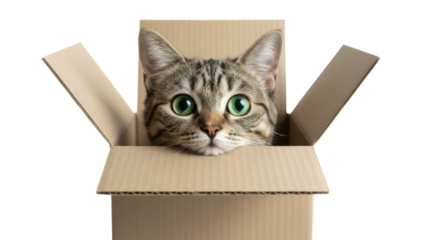 Cute tabby cat with bright green eyes peeking out of a cardboard box on white background