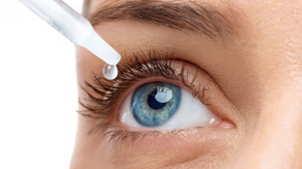 Close up of doctor applying eye drops into patient's eye, providing relief and treatment for various eye conditions on a transparent background