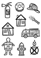 Doodle Style Fire Safety Icons Set: Hand Drawn Emergency and Prevention Symbols