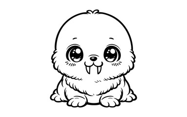 Adorable cartoon walrus with big eyes and cute expression in black and white