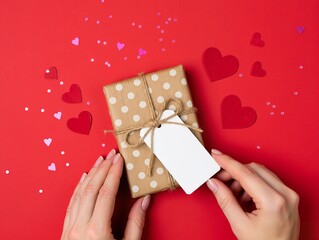 Gift Box With Brown Polka Dot Wrapping Tied With Twine On Bright Red Background. A neatly wrapped gift in brown paper with white polka dots, secured by rustic twine and a blank tag. 