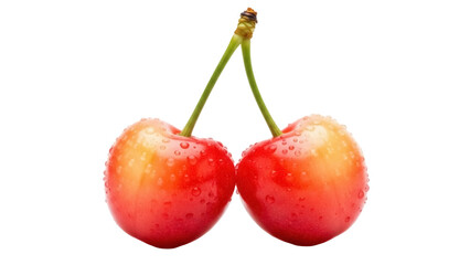 Two Rainier cherries PNG isolated on transparent background, fresh fruit with water droplets for healthy eating and summer themes