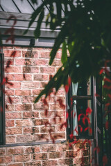 Rustic Red Brick Wall with Black Window Frame and Red Leaf Foreground