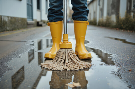 Yellow Rain Boots and Cleaning Mop – Eco-Friendly Maintenance Tools for Outdoor Cleanup and Environmental Awareness - Powered by Adobe