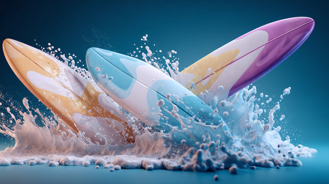 Three colorful surfboards creating splash against a blue backdrop