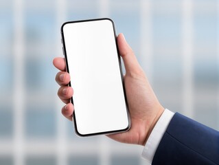 Hand Holding Smartphone With Blank Screen For Mockup, Modern Technology, Business Use, Close-Up Portrait. lose-up of a hand holding a smartphone with a blank white screen. Perfect for tech, business.