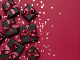 Elegant Black Gift Boxes With Bronze Ribbons On Magenta Background For Celebration And Gifts. Elegant black gift boxes with bronze ribbons lay on a bold magenta background, sprinkled with gold.