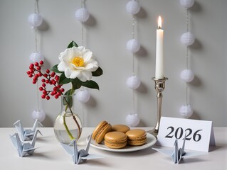 Festive Home Decor With Star Garland, White Vases, And 2026 On Wooden Tray Display. A modern festive still life featuring gold and silver star garlands arranged with white vases on a light wooden.