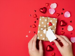 Gift Box With Brown Polka Dot Wrapping Tied With Twine On Bright Red Background. A neatly wrapped gift in brown paper with white polka dots, secured by rustic twine and a blank tag. 