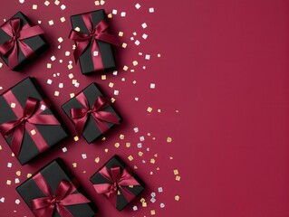 Elegant Black Gift Boxes With Bronze Ribbons On Magenta Background For Celebration And Gifts. Elegant black gift boxes with bronze ribbons lay on a bold magenta background, sprinkled with gold.