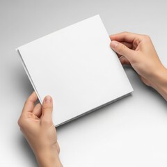 Obraz premium A pair of hands holding a blank square booklet mockup against a light background for design presentation