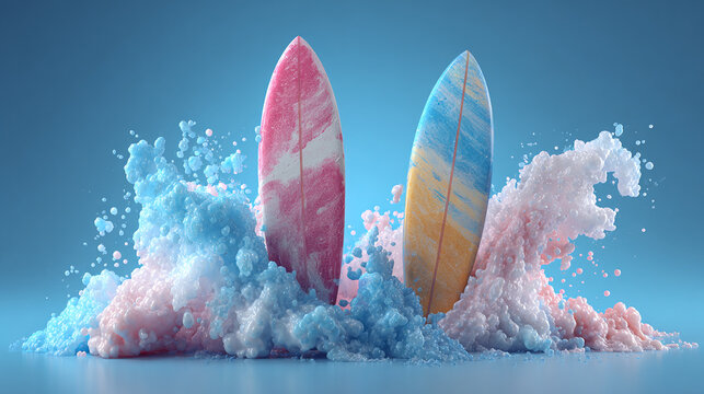 Two surfboards are propped up, with colorful water splashing around. The boards are decorated with bright, whimsical designs.