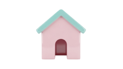Cute pink dog house PNG isolated on transparent background, cartoon pet shelter with blue roof for animal care and design