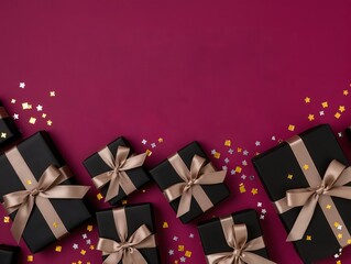 Elegant Black Gift Boxes With Bronze Ribbons On Magenta Background For Celebration And Gifts. Elegant black gift boxes with bronze ribbons lay on a bold magenta background, sprinkled with gold.
