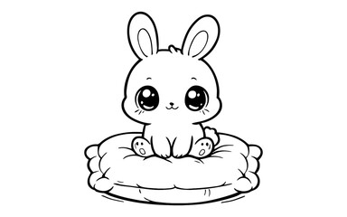 Cute kawaii bunny sitting on a pillow with big eyes in cartoon style