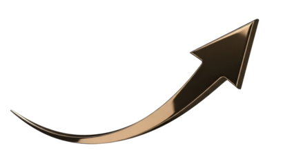 Golden arrow pointing up isolated PNG on transparent background, growth and success concept for business presentations