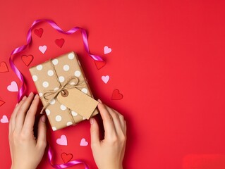 Gift Box With Brown Polka Dot Wrapping Tied With Twine On Bright Red Background. A neatly wrapped gift in brown paper with white polka dots, secured by rustic twine and a blank tag. 