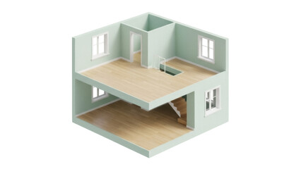 Isolated two story house model, interior architectural rendering, doll house, floor plan