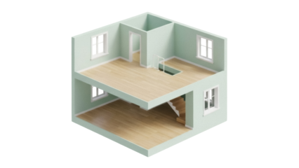 Isolated two story house model, interior architectural rendering, doll house, floor plan