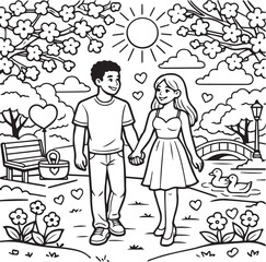 Hand drawn vector illustration of a happy family with a girl and boy in the park featuring a cartoon sketch of a loving woman and children group