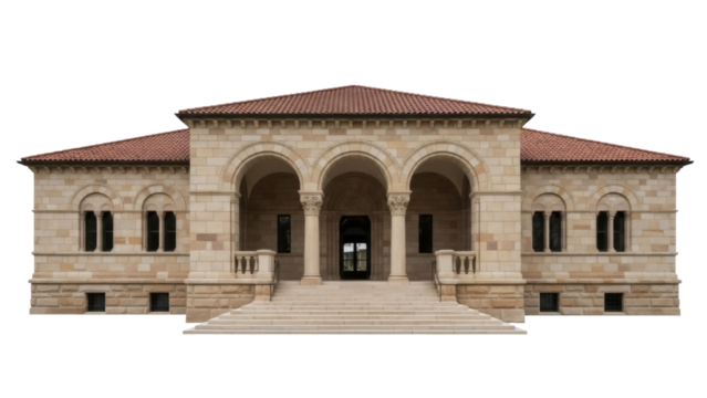 Classical sandstone building with arches isolated PNG, historic architecture on transparent background for design and educational purposes - Powered by Adobe