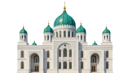 Detailed mosque with green domes isolated PNG, Islamic architecture with intricate details on transparent background, religious building for design projects