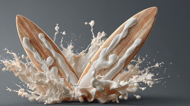 Surfing Boards emerging from splash of Milk. A creative display of a pair of surfboards amid a splash of liquid, representing an abstract scene