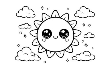 Obraz premium Cute kawaii sun with clouds and stars in black and white