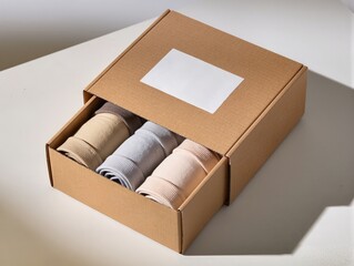 Gift Box With Spools of Thread and Natural Twine, Eucalyptus Leaves for Crafting and Packaging. Pastel thread spools lie neatly inside a kraft gift box, complemented by a ball of twine and a small.