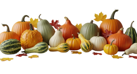 Colorful Autumn Harvest Display with Various Pumpkins, Gourds, and Fall Leaves Isolated on White Background