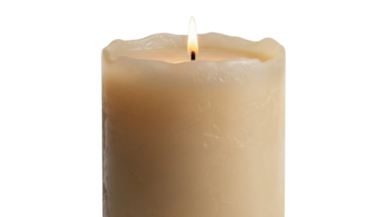 Burning ivory pillar candle isolated PNG, warm light source for home decor and religious ceremonies on transparent background