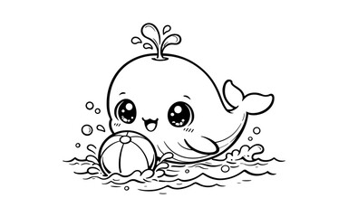Cute outline of baby whale playing with ball in water for coloring pages