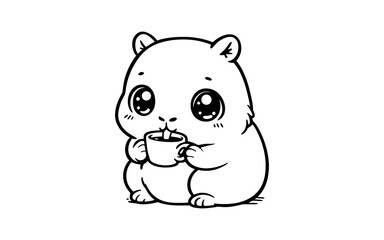 Fototapeta premium Cute cartoon hamster enjoying a hot drink in black and white