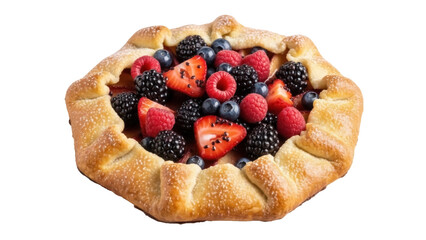Delicious berry galette isolated PNG, rustic pastry with fresh strawberries, raspberries, blueberries, and blackberries on transparent background