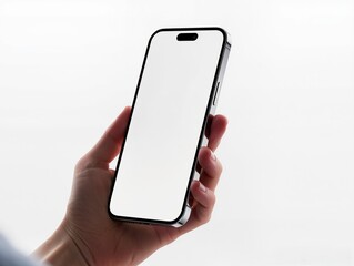 Hand Holding Smartphone With Blank Screen Isolated On White Background, Modern Mobile Phone. A close-up of a hand gripping a smartphone with a clean, white blank screen. Perfect for tech, mobile apps.