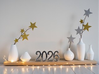 Festive Home Decor With Star Garland, White Vases, And 2026 On Wooden Tray Display. A modern festive still life featuring gold and silver star garlands arranged with white vases on a light wooden.
