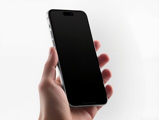 Hand Holding Modern Smartphone With Black Screen, White Background, Close-Up View. A close-up of a hand holding a sleek smartphone with a black display against a clean white background. 
