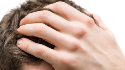 Gently touching the back of a head against a transparent background, conveying emotions of comfort, pain, stress, or deep thought, while highlighting human connection and empathy