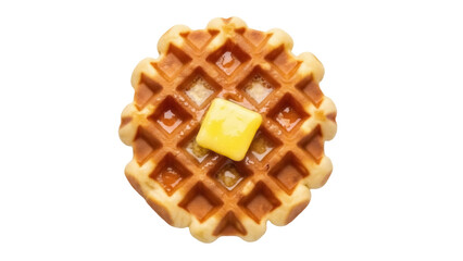 Golden brown waffle with melting butter isolated PNG, delicious breakfast food on transparent background for menu design and recipe illustration